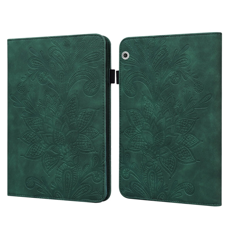 Green embossed floral folio leather tablet case, open with patterned front cover and back camera hole