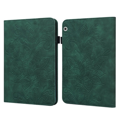 Green embossed floral folio leather tablet case, open with patterned front cover and back camera hole