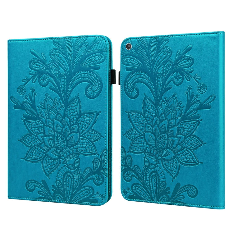 Blue lace flower embossed leather tablet case, open flip cover showing rear camera opening