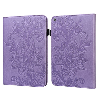 Purple leather tablet case with embossed flower pattern and foldable cover with camera opening