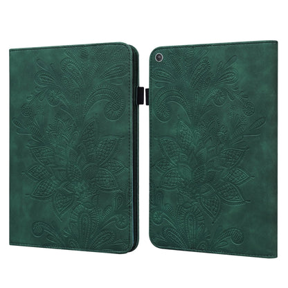 Green embossed floral folio leather tablet case, open with back panel and top camera cutout