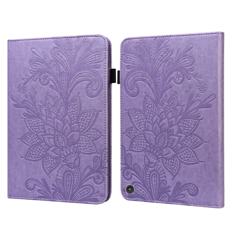 Purple leather case with embossed floral pattern, flip cover and camera cutout at top