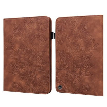 Brown leather-style tablet folio case with embossed floral pattern and front camera opening