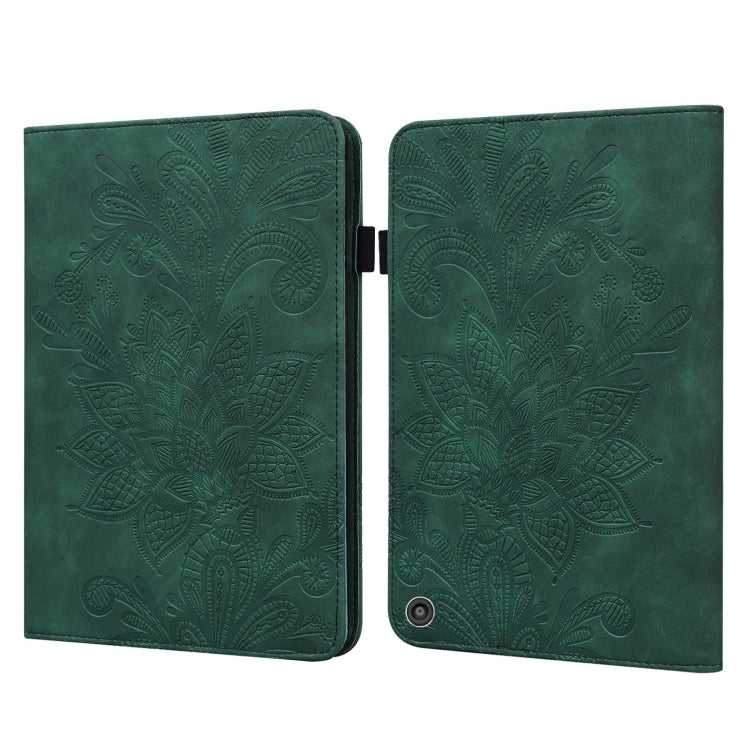 Green embossed floral folio leather tablet case, open with hinge centered and camera cutout visible