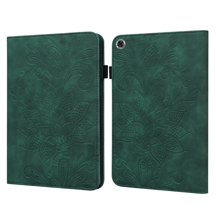 Green embossed floral folio leather tablet case, open front panel with detailed leaf pattern