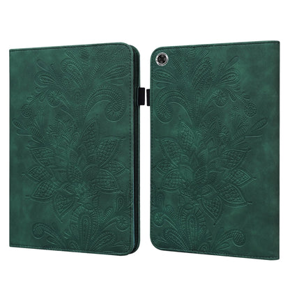 Green embossed floral folio leather tablet case, open front panel with detailed leaf pattern