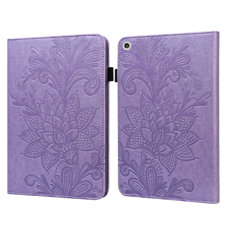 Purple leather folio tablet case with embossed floral pattern, flip closure in middle