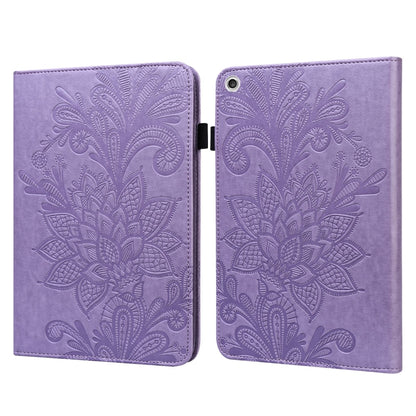 Purple leather folio tablet case with embossed floral pattern, flip closure in middle