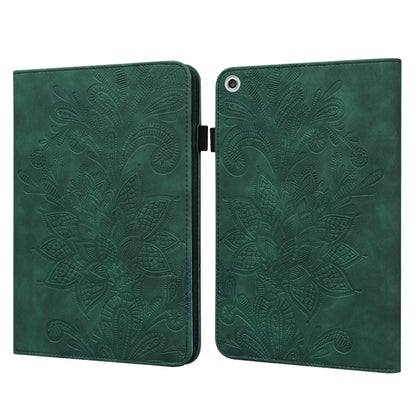 Green embossed floral folio leather tablet case, open view showing camera cutout on back panel
