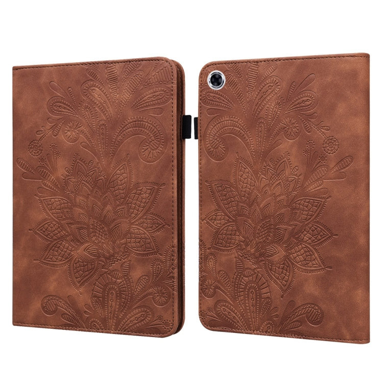 Brown embossed leather folio tablet case with floral pattern and side camera opening