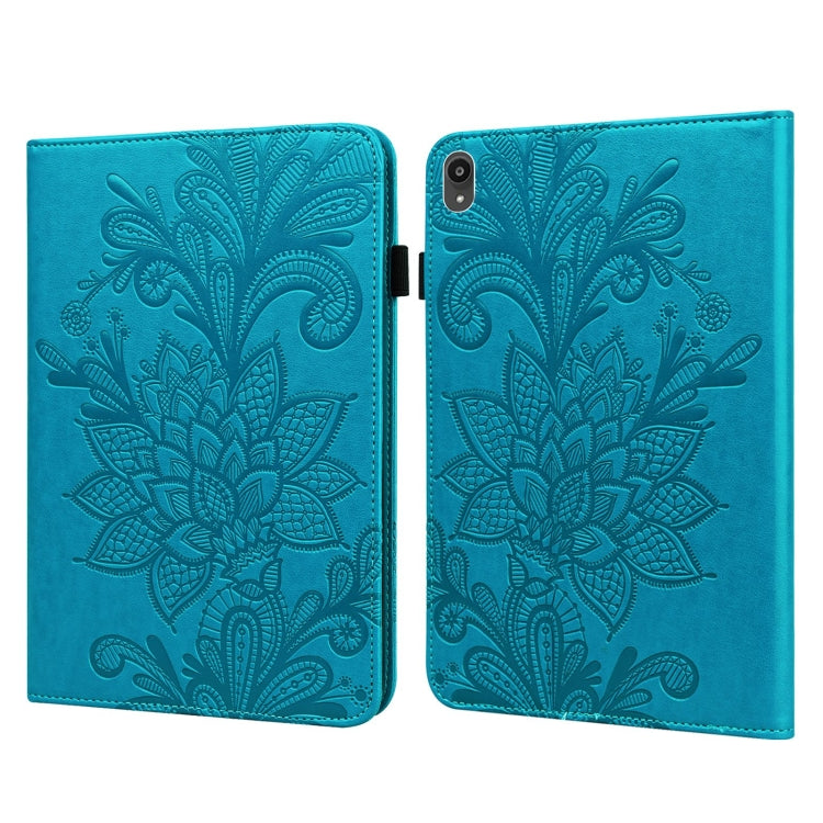 Blue leather flip case with embossed floral pattern, side hinge and camera cutout
