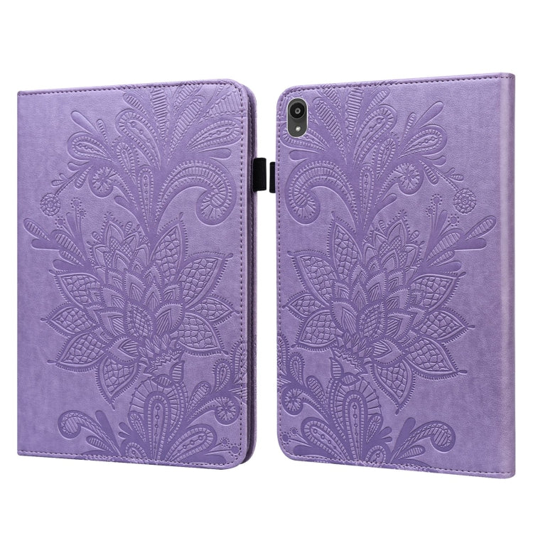 Purple leather tablet case with embossed flower pattern, open flip cover with camera opening
