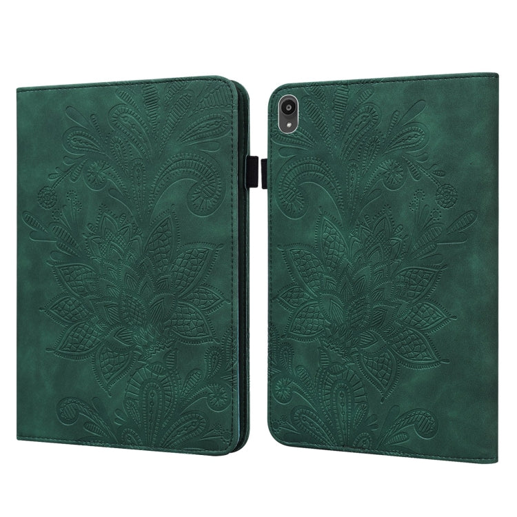 Green embossed floral folio leather tablet case, open with back cover and camera hole