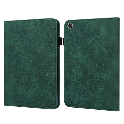 Green leather-style folio case with embossed floral pattern and flip cover, camera cutout