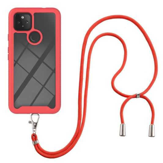 Red shockproof phone case with crosshatch back and gray ring, with red neck strap