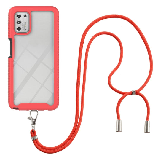 Red protective phone case with raised edges, camera cutouts, and red neck strap clip