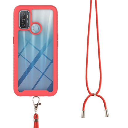 Red shockproof phone case with long neck strap and two metal tips