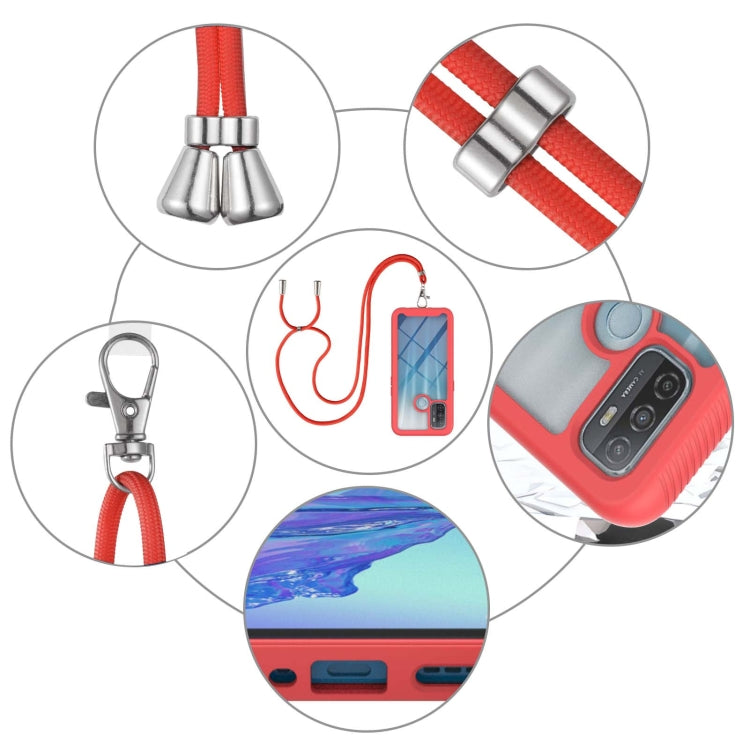 Red phone case and neck strap with metal connectors and buckle details
