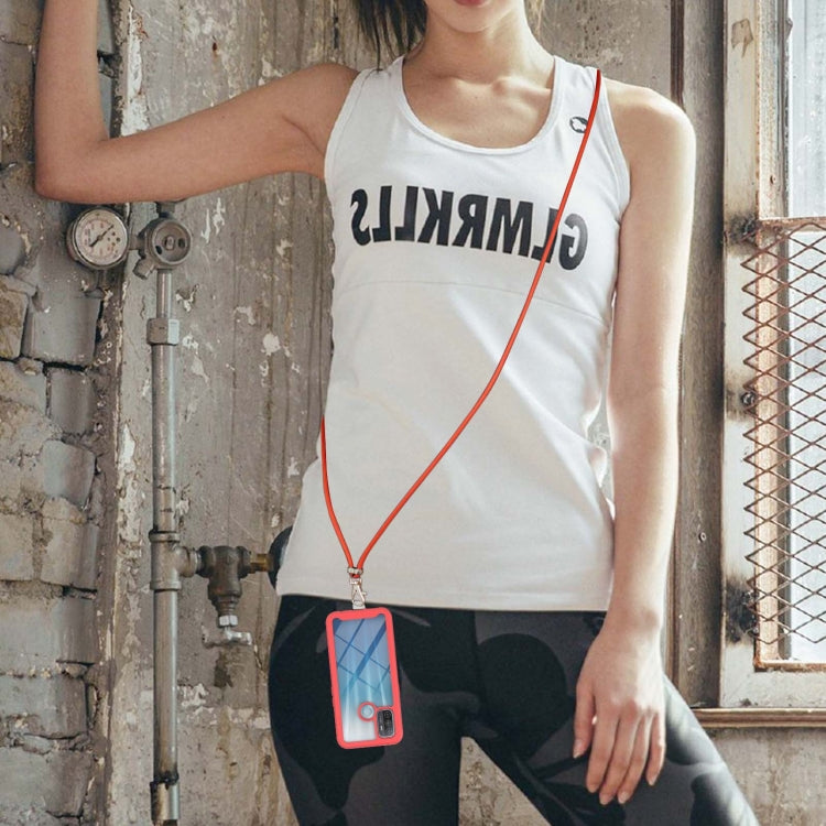 Red phone case with neck strap and small cardholder-style clip