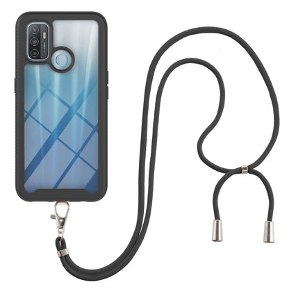 Shockproof phone case with black neck strap, black shell with light blue geometric lines