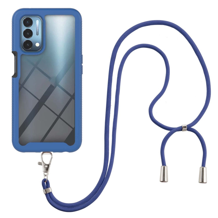 Shockproof phone case with blue neck strap, blue back and geometric dark pattern