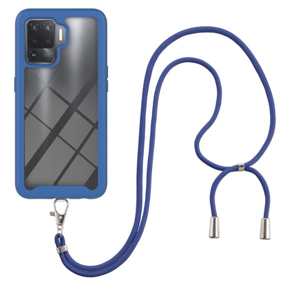 Shockproof phone case with blue neck strap, dark geometric pattern on blue shell