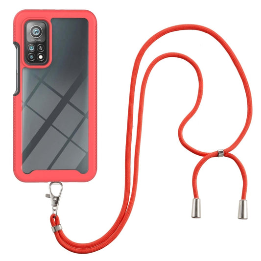 Red shockproof phone case with geometric pattern, neck strap with metal clips