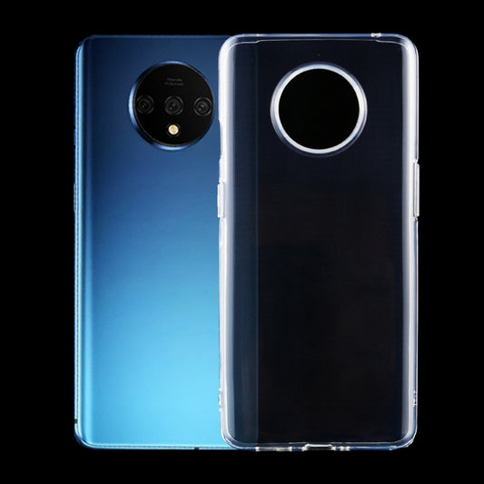 Transparent TPU phone case with circular camera cutout for a OnePlus 7T-sized phone