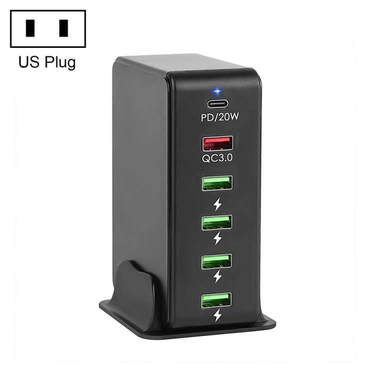 Black 6-in-1 65W PD travel charger with US plug, PD 20W and 4 USB ports