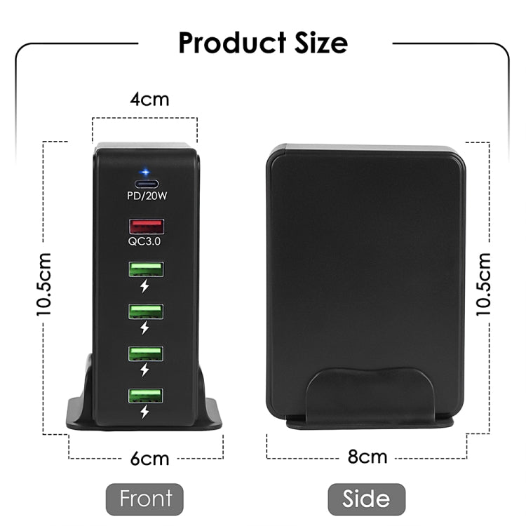Black 6-in-1 65W PD travel charger, front and side views, US plug, 4 USB ports