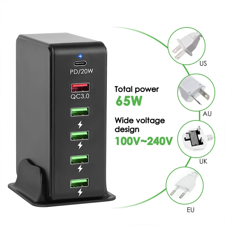 Black 6-in-1 65W PD travel charger with US plug, wide 100–240V support