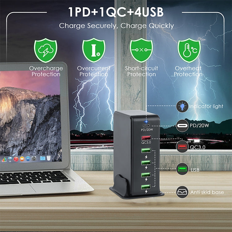 Black 6-in-1 65W PD travel charger with indicator light, USB and QC3.0 ports