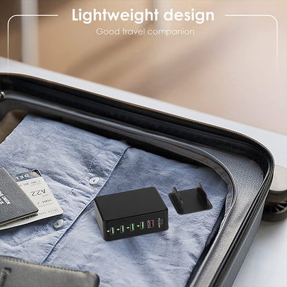 Black 6-in-1 65W PD travel charger, compact travel design with USB ports