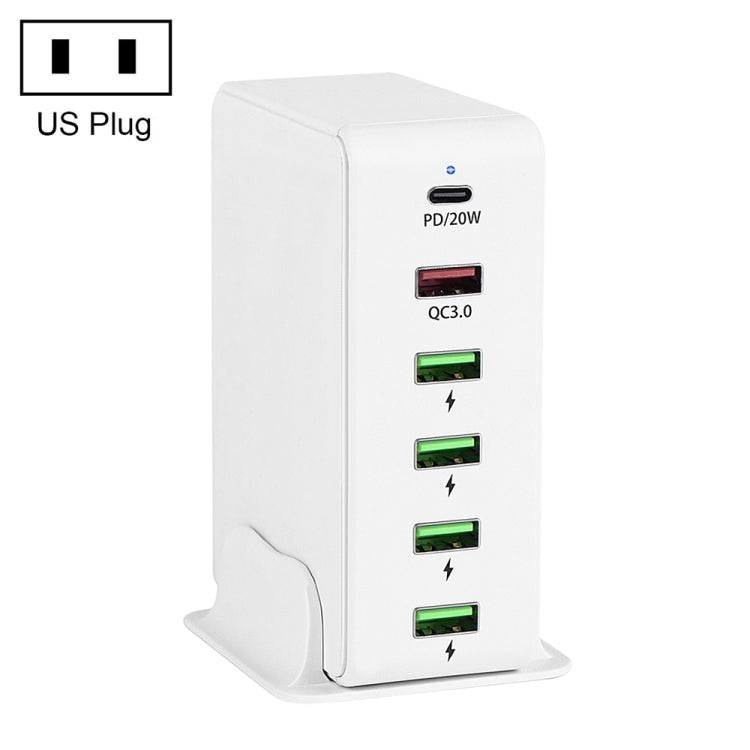 White 6-in-1 65W PD travel charger with US plug, PD 20W and 4 USB ports