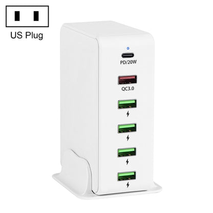 White 6-in-1 65W PD travel charger with US plug, PD 20W and 4 USB ports