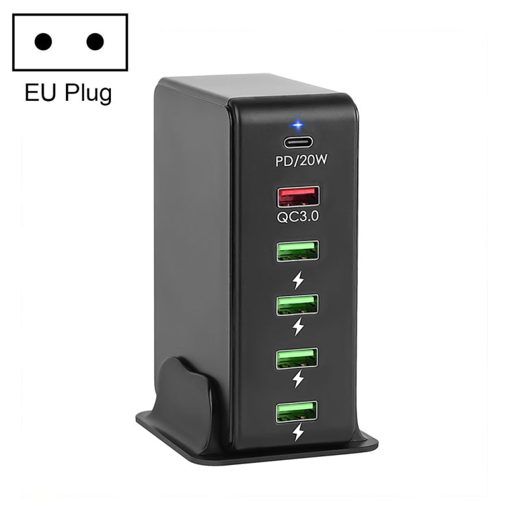 Black 6-in-1 65W PD travel charger with EU plug, PD 20W and 4 USB ports