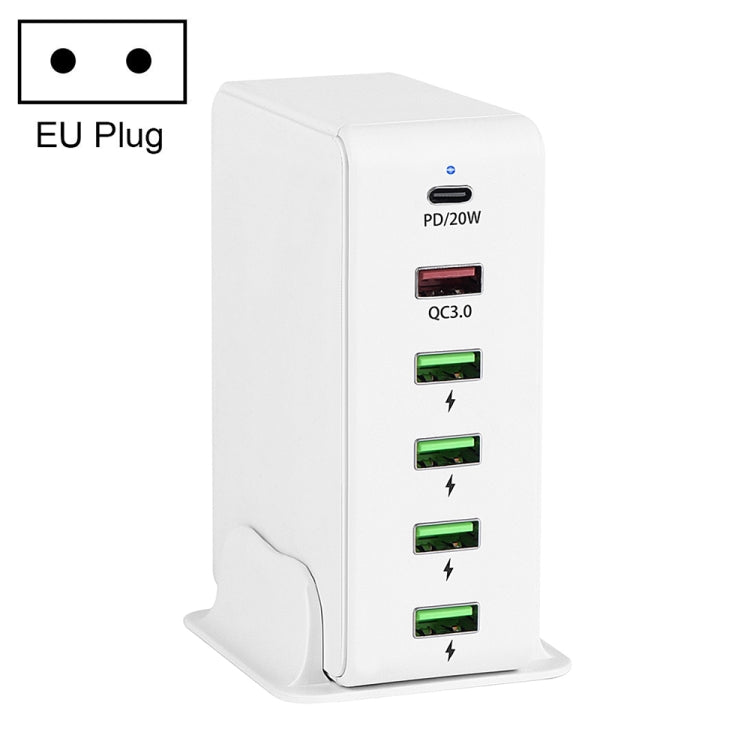 White 6-port travel charger base with PD 20W and four USB ports; EU plug.