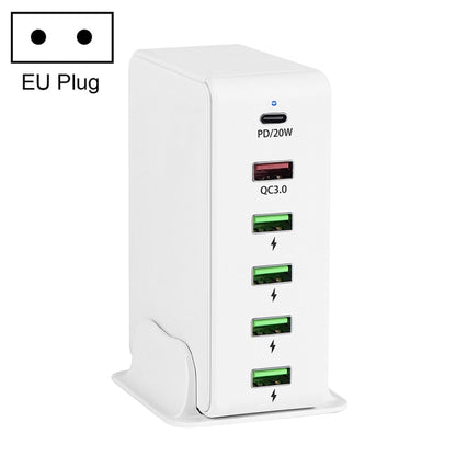 White 6-port travel charger base with PD 20W and four USB ports; EU plug.