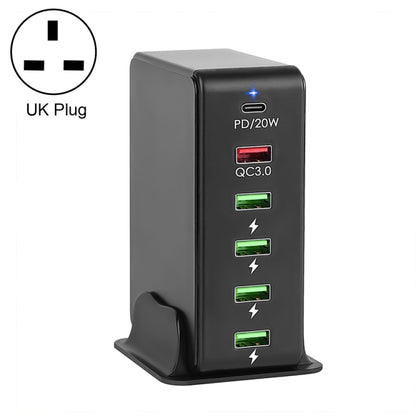 Black 6-port travel charger base with PD 20W and four USB ports; UK plug.