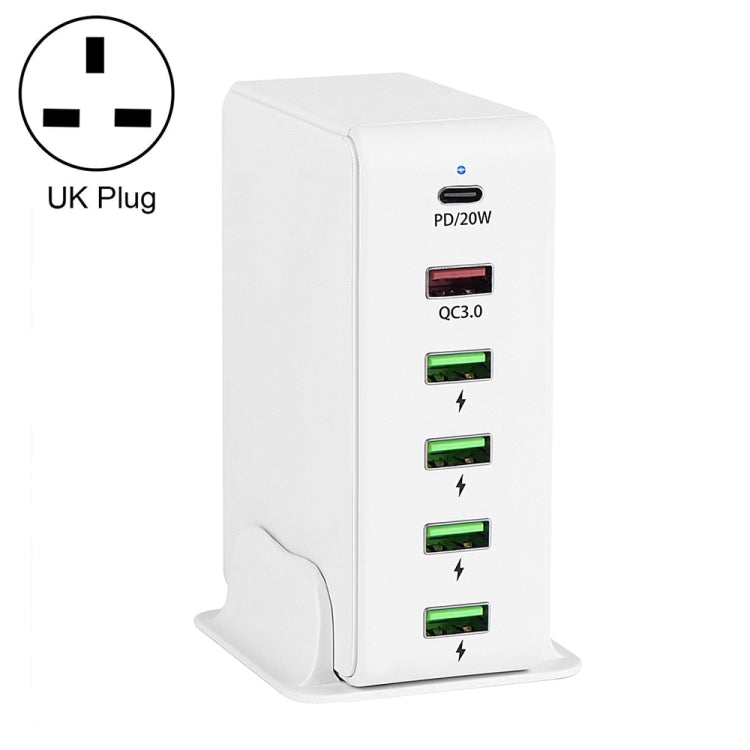 White 6-port travel charger base with PD 20W and four USB ports; UK plug.