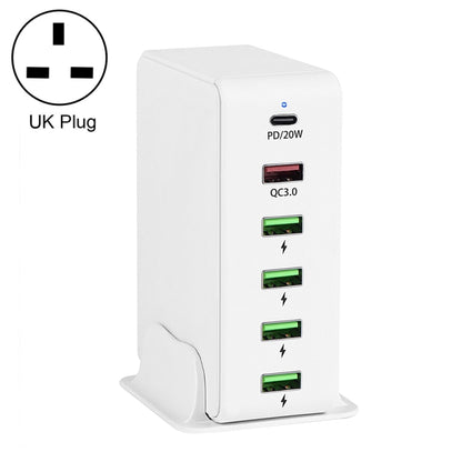 White 6-port travel charger base with PD 20W and four USB ports; UK plug.
