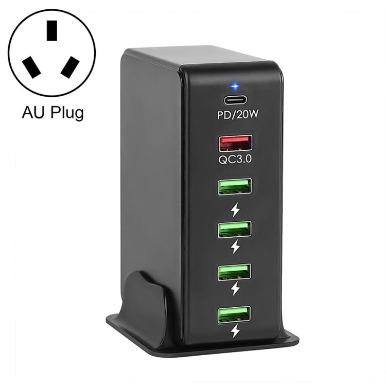Black 6-port travel charger base with PD 20W and four USB ports; AU plug.