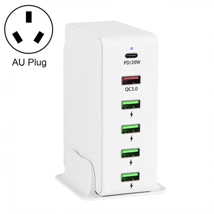 White 6-port travel charger base with PD 20W and four USB ports; AU plug.