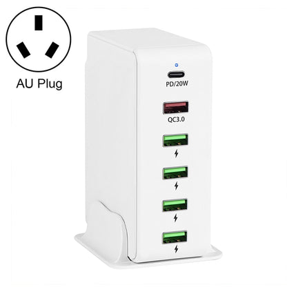 White 6-port travel charger base with PD 20W and four USB ports; AU plug.