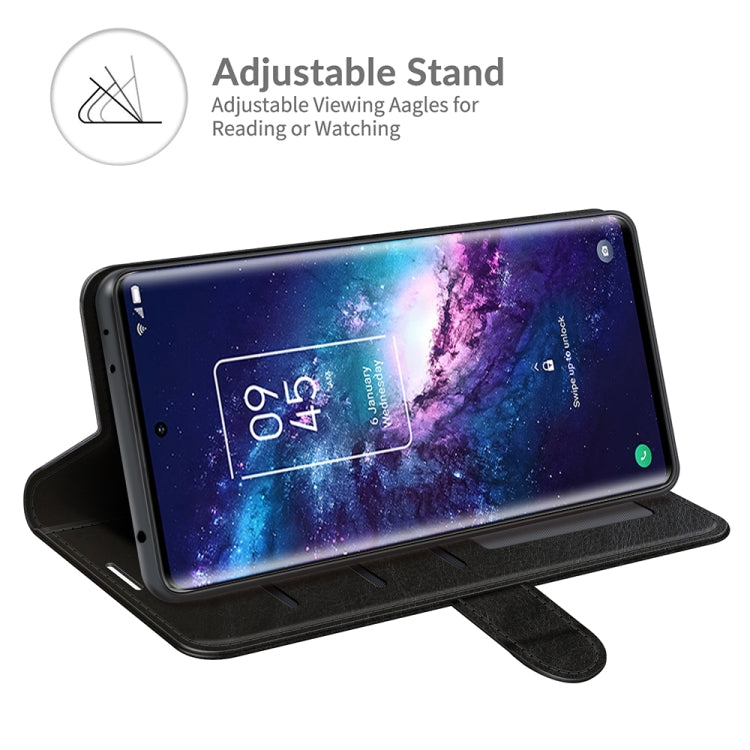 Black flip phone case propped open as an adjustable viewing stand