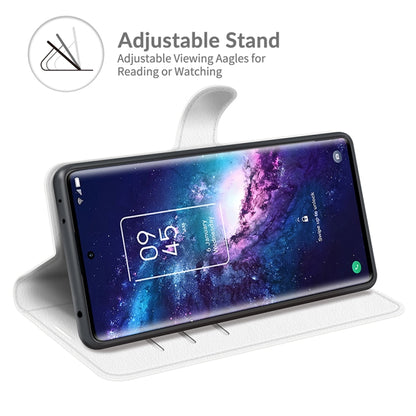 White flip wallet phone case with adjustable stand for hands-free viewing