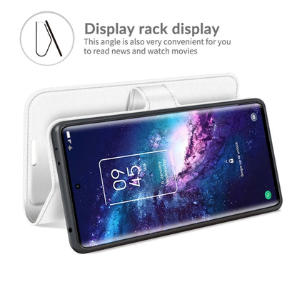 White flip wallet phone case with display stand angle and card slot panel