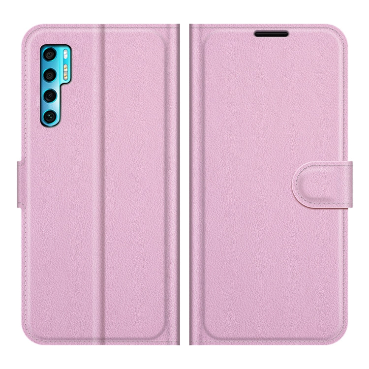 Pink litchi-texture flip wallet phone case with card slots and holder