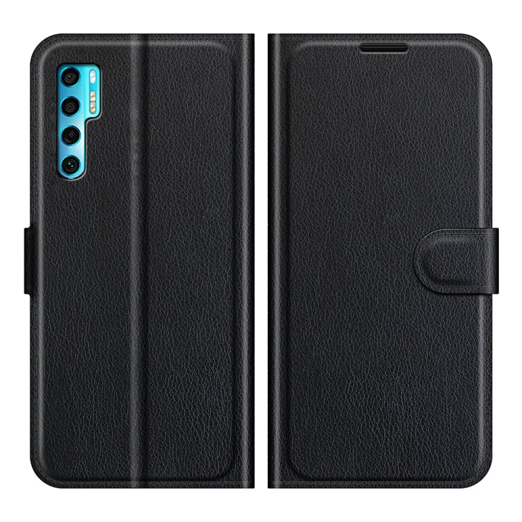 Black litchi-texture flip wallet phone case with card slots and holder