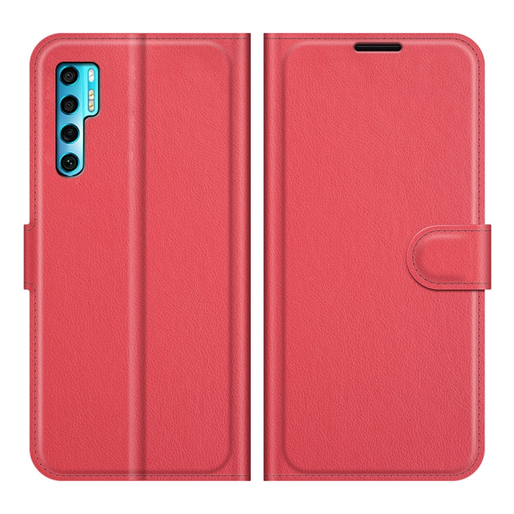 Red litchi-texture flip wallet phone case with card slots and holder